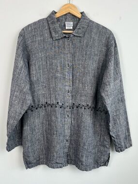Marc Ware black 100% linen woven button front embroidered shirt, medium.